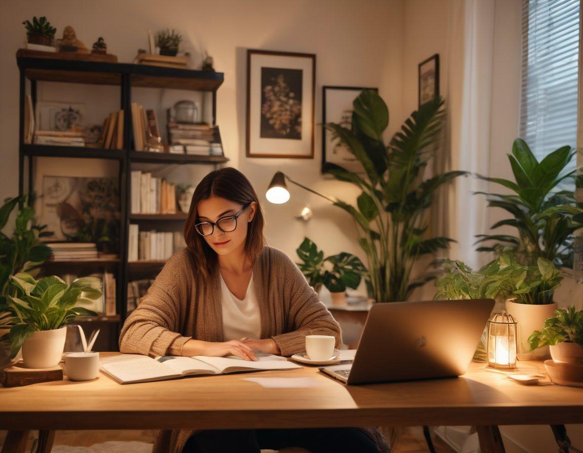 An inspiring scene of a confident adult blogger working on a stylish laptop in a cozy, well-decorated workspace filled with books, plants, and motivational quotes. Soft, warm lighting illuminates the room, symbolizing creativity and passion. In the background, a vision board showcasing ideas for monetization and growth. The overall atmosphere is inviting and personal, embodying the journey from passion to profit. 3D. vibrant colors. cozy interior.