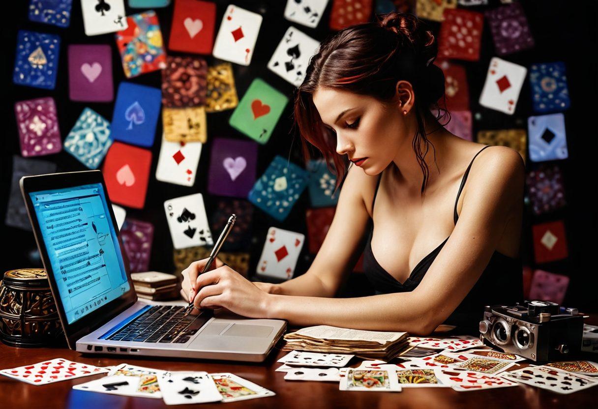 A visually striking digital composition depicting a figure thoughtfully writing in a journal, surrounded by various symbols of adult entertainment like film reels, playing cards, and abstract art that evokes sensuality. The background should feature soft, warm lighting creating an intimate atmosphere, while the foreground includes hints of technology, like a laptop and camera. The scene should balance creativity and professionalism, embodying a modern erotic online journal. vibrant colors. 3D render.