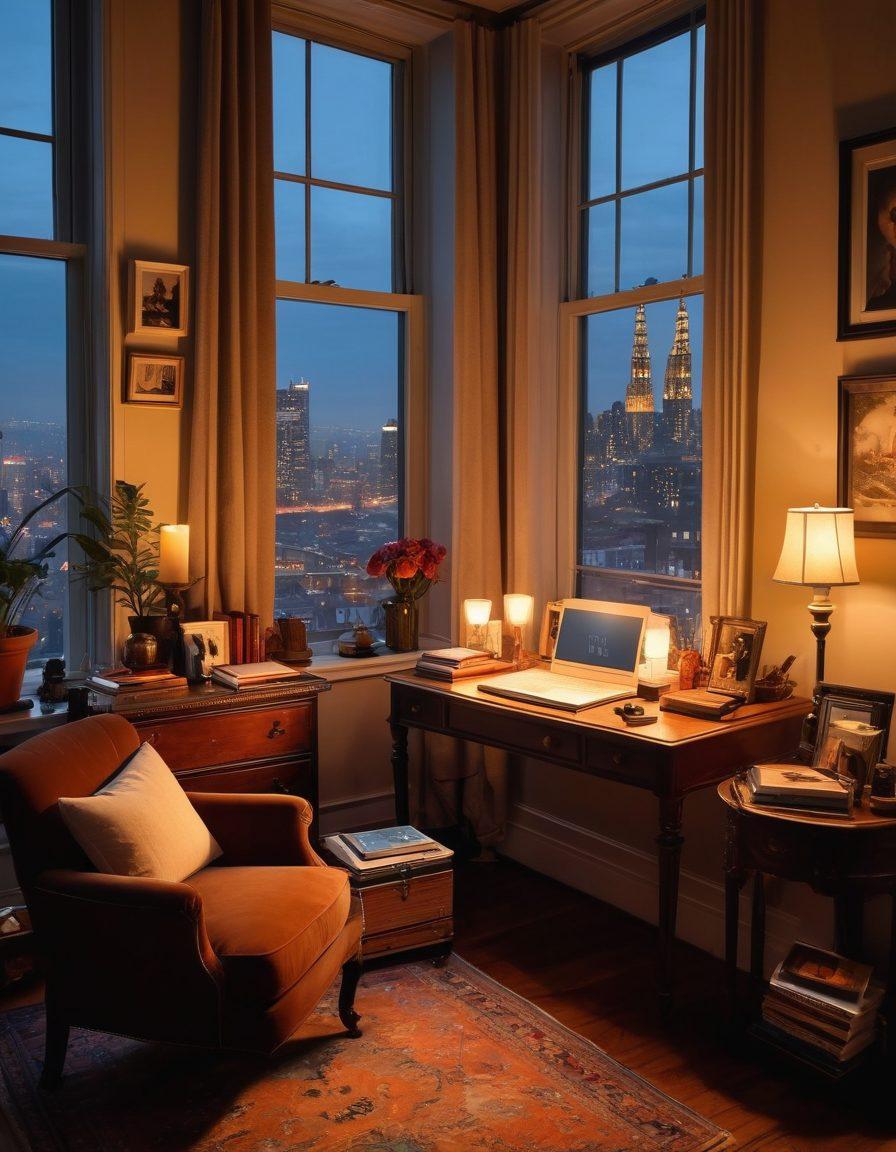 A cozy, inviting home office scene with a vintage writing desk cluttered with erotic novels, a glowing laptop, and soft candlelight casting shadows. Include a plush armchair and a view of an illuminated city skyline at night through a large window. Above, a gallery wall filled with art that celebrates sensuality and creativity. super-realistic. warm tones. inviting atmosphere.